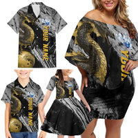 Golden Dragon and Bowling Ball Design Family Matching Off Shoulder Short Dress and Hawaiian Shirt with Marble Stone Texture and Custom Team Name Text - Wonder Print Shop