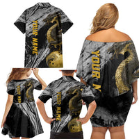 Golden Dragon and Bowling Ball Design Family Matching Off Shoulder Short Dress and Hawaiian Shirt with Marble Stone Texture and Custom Team Name Text - Wonder Print Shop