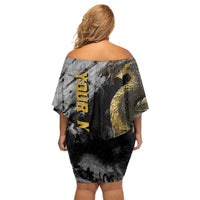 Golden Dragon and Bowling Ball Design Family Matching Off Shoulder Short Dress and Hawaiian Shirt with Marble Stone Texture and Custom Team Name Text - Wonder Print Shop