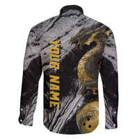 Golden Dragon and Bowling Ball Design Family Matching Puletasi and Hawaiian Shirt with Marble Stone Texture and Custom Team Name Text - Wonder Print Shop