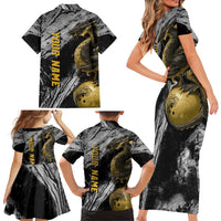 Golden Dragon and Bowling Ball Design Family Matching Short Sleeve Bodycon Dress and Hawaiian Shirt with Marble Stone Texture and Custom Team Name Text - Wonder Print Shop