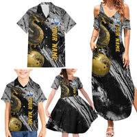 Golden Dragon and Bowling Ball Design Family Matching Summer Maxi Dress and Hawaiian Shirt with Marble Stone Texture and Custom Team Name Text - Wonder Print Shop
