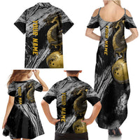 Golden Dragon and Bowling Ball Design Family Matching Summer Maxi Dress and Hawaiian Shirt with Marble Stone Texture and Custom Team Name Text - Wonder Print Shop