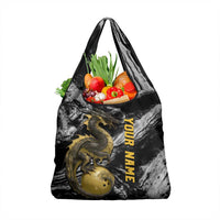 Golden Dragon and Bowling Ball Design Grocery Bag with Marble Stone Texture and Custom Team Name Text - Wonder Print Shop