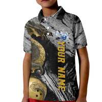 Golden Dragon and Bowling Ball Design Kid Polo Shirt with Marble Stone Texture and Custom Team Name Text - Wonder Print Shop
