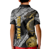 Golden Dragon and Bowling Ball Design Kid Polo Shirt with Marble Stone Texture and Custom Team Name Text - Wonder Print Shop