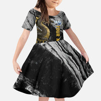 Golden Dragon and Bowling Ball Design Kid Short Sleeve Dress with Marble Stone Texture and Custom Team Name Text - Wonder Print Shop