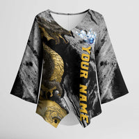 Golden Dragon and Bowling Ball Design Kimono Sleeve Blouse with Marble Stone Texture and Custom Team Name Text - Wonder Print Shop
