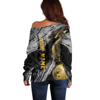 Golden Dragon and Bowling Ball Design Off Shoulder Sweater with Marble Stone Texture and Custom Team Name Text - Wonder Print Shop