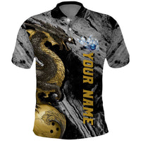 Golden Dragon and Bowling Ball Design Polo Shirt with Marble Stone Texture and Custom Team Name Text - Wonder Print Shop