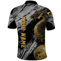 Golden Dragon and Bowling Ball Design Polo Shirt with Marble Stone Texture and Custom Team Name Text - Wonder Print Shop