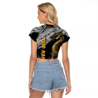 Golden Dragon and Bowling Ball Design Raglan Cropped T Shirt with Marble Stone Texture and Custom Team Name Text - Wonder Print Shop