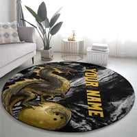 Golden Dragon and Bowling Ball Design Round Carpet with Marble Stone Texture and Custom Team Name Text - Wonder Print Shop