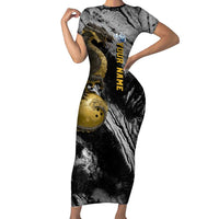 Golden Dragon and Bowling Ball Design Short Sleeve Bodycon Dress with Marble Stone Texture and Custom Team Name Text - Wonder Print Shop