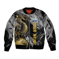 Golden Dragon and Bowling Ball Design Sleeve Zip Bomber Jacket with Marble Stone Texture and Custom Team Name Text - Wonder Print Shop