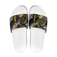 Golden Dragon and Bowling Ball Design Slide Sandals with Marble Stone Texture and Custom Team Name Text - Wonder Print Shop