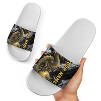 Golden Dragon and Bowling Ball Design Slide Sandals with Marble Stone Texture and Custom Team Name Text - Wonder Print Shop