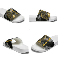 Golden Dragon and Bowling Ball Design Slide Sandals with Marble Stone Texture and Custom Team Name Text - Wonder Print Shop