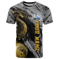 Golden Dragon and Bowling Ball Design T Shirt with Marble Stone Texture and Custom Team Name Text - Wonder Print Shop