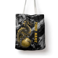 Golden Dragon and Bowling Ball Design Tote Bag with Marble Stone Texture and Custom Team Name Text - Wonder Print Shop