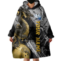 Golden Dragon and Bowling Ball Design Wearable Blanket Hoodie with Marble Stone Texture and Custom Team Name Text - Wonder Print Shop