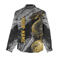 Golden Dragon and Bowling Ball Design Women Casual Shirt with Marble Stone Texture and Custom Team Name Text - Wonder Print Shop