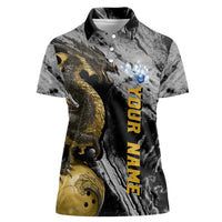 Golden Dragon and Bowling Ball Design Women Polo Shirt with Marble Stone Texture and Custom Team Name Text - Wonder Print Shop