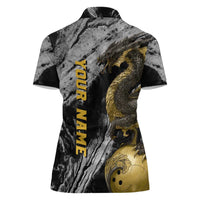Golden Dragon and Bowling Ball Design Women Polo Shirt with Marble Stone Texture and Custom Team Name Text - Wonder Print Shop