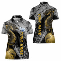 Golden Dragon and Bowling Ball Design Women Polo Shirt with Marble Stone Texture and Custom Team Name Text - Wonder Print Shop