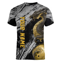 Golden Dragon and Bowling Ball Design Women V-Neck T-Shirt with Marble Stone Texture and Custom Team Name Text - Wonder Print Shop