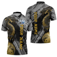 Golden Dragon and Bowling Ball Design Zipper Polo Shirt with Marble Stone Texture and Custom Team Name Text - Wonder Print Shop