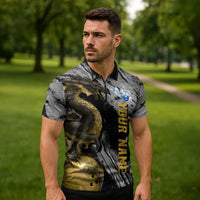 Golden Dragon and Bowling Ball Design Zipper Polo Shirt with Marble Stone Texture and Custom Team Name Text - Wonder Print Shop