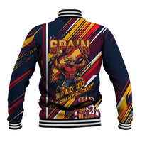 Spain Football Road To Championship Baseball Jacket Bull Mascot Flying Soccer Ball - Dynamic Speed Stripes