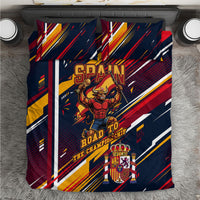 Spain Football Road To Championship Bedding Set Bull Mascot Flying Soccer Ball - Dynamic Speed Stripes