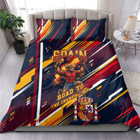Spain Football Road To Championship Bedding Set Bull Mascot Flying Soccer Ball - Dynamic Speed Stripes