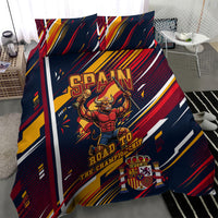 Spain Football Road To Championship Bedding Set Bull Mascot Flying Soccer Ball - Dynamic Speed Stripes