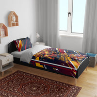 Spain Football Road To Championship Bedding Set Bull Mascot Flying Soccer Ball - Dynamic Speed Stripes