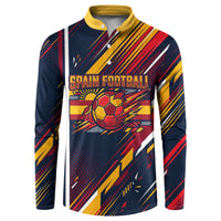 Spain Football Road To Championship Button Sweatshirt Bull Mascot Flying Soccer Ball - Dynamic Speed Stripes