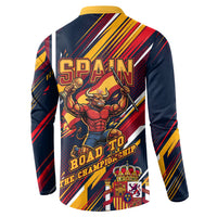 Spain Football Road To Championship Button Sweatshirt Bull Mascot Flying Soccer Ball - Dynamic Speed Stripes