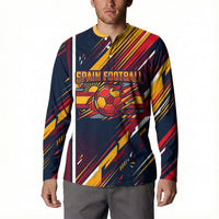 Spain Football Road To Championship Button Sweatshirt Bull Mascot Flying Soccer Ball - Dynamic Speed Stripes