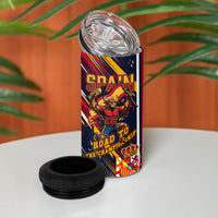 Spain Football Road To Championship 4 in 1 Can Cooler Tumbler Bull Mascot Flying Soccer Ball - Dynamic Speed Stripes