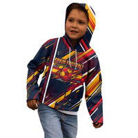 Spain Football Road To Championship Kid Hoodie Bull Mascot Flying Soccer Ball - Dynamic Speed Stripes
