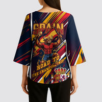 Spain Football Road To Championship Kimono Sleeve Blouse Bull Mascot Flying Soccer Ball - Dynamic Speed Stripes