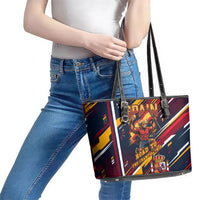 Spain Football Road To Championship Leather Tote Bag Bull Mascot Flying Soccer Ball - Dynamic Speed Stripes