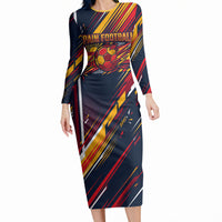 Spain Football Road To Championship Long Sleeve Bodycon Dress Bull Mascot Flying Soccer Ball - Dynamic Speed Stripes