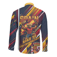 Spain Football Road To Championship Long Sleeve Button Shirt Bull Mascot Flying Soccer Ball - Dynamic Speed Stripes