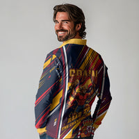 Spain Football Road To Championship Long Sleeve Polo Shirt Bull Mascot Flying Soccer Ball - Dynamic Speed Stripes