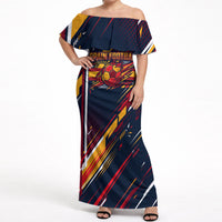 Spain Football Road To Championship Off Shoulder Maxi Dress Bull Mascot Flying Soccer Ball - Dynamic Speed Stripes