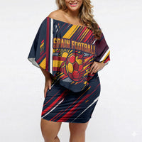 Spain Football Road To Championship Off Shoulder Short Dress Bull Mascot Flying Soccer Ball - Dynamic Speed Stripes