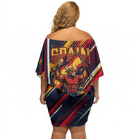 Spain Football Road To Championship Off Shoulder Short Dress Bull Mascot Flying Soccer Ball - Dynamic Speed Stripes